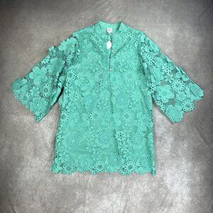 J. Marie Mint‎ Green Floral Lace Dress With 3/4 Sleeves & Scalloped Edges